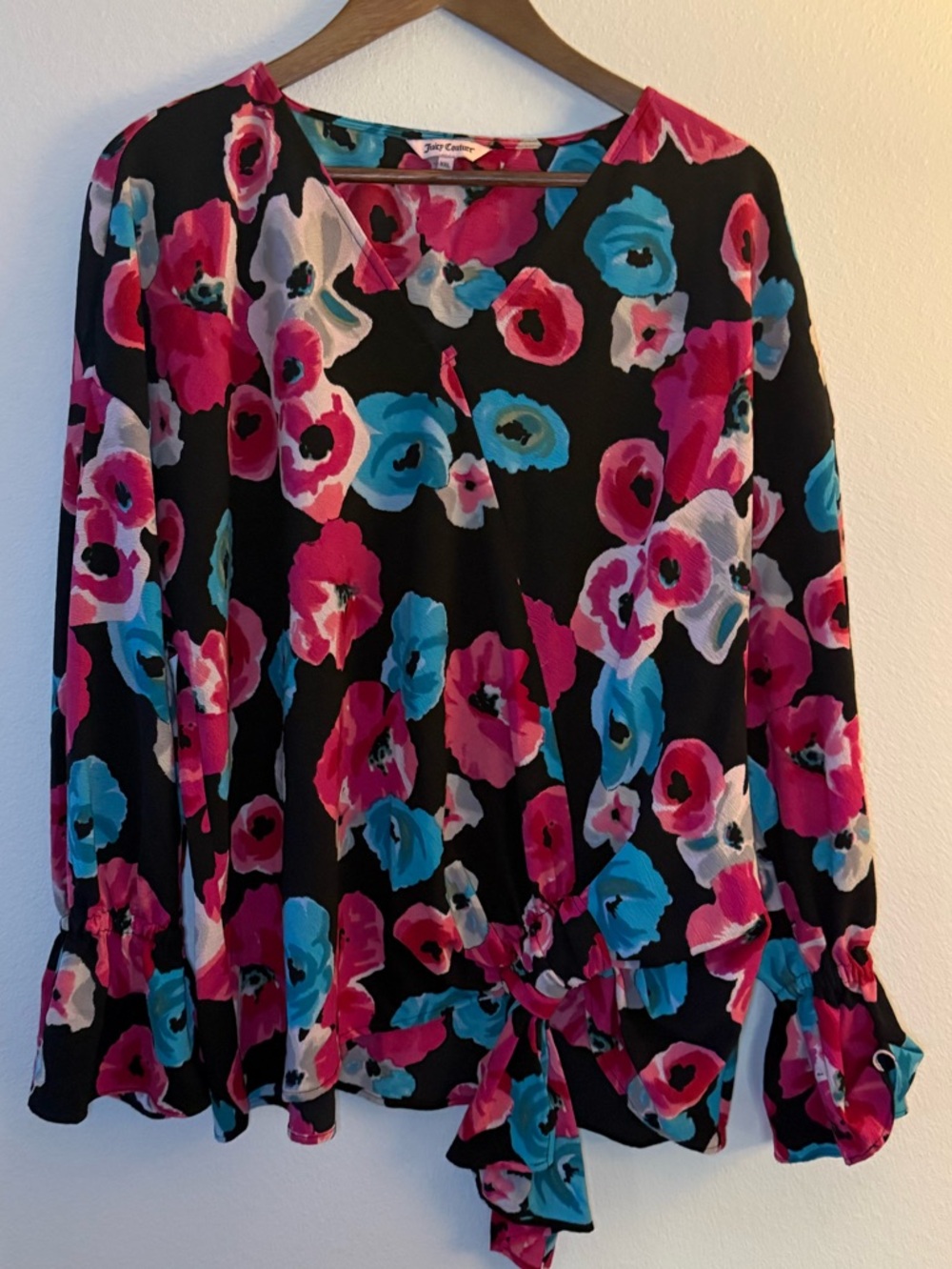 Juicy Couture Black Floral Tie-Front Blouse - Pink & Blue